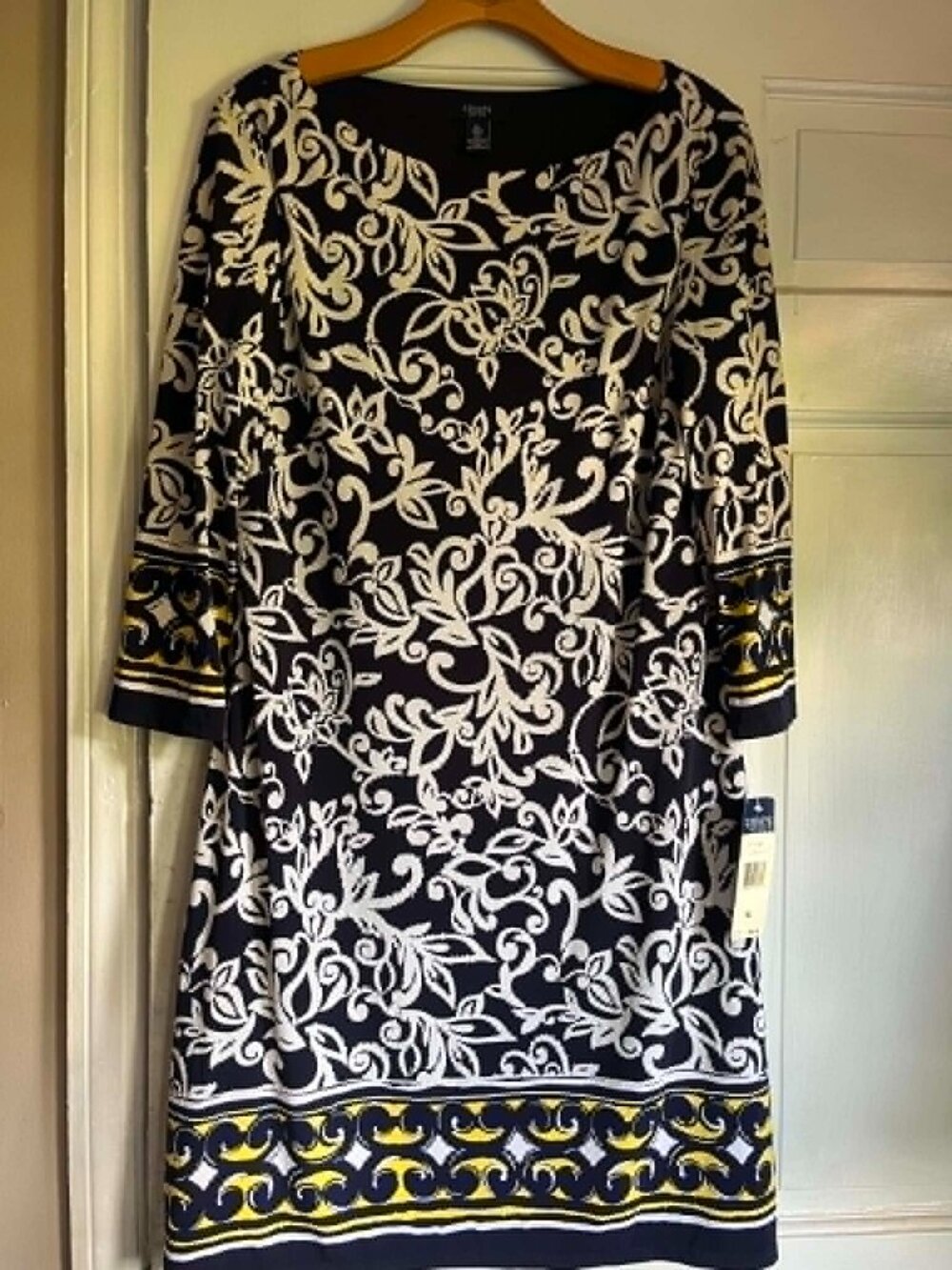 Chaps Dress Size XL - Navy Blue White Yellow 3/4 Sleeve Midi Comfortable Classy